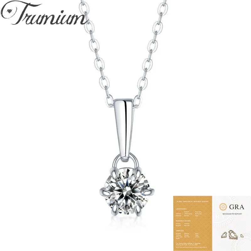 

Trumium 1ct Moissanite 925 Sterling Silver Necklace Six-Claw Round Pendant and Collar Chain Jewelry With Certificate