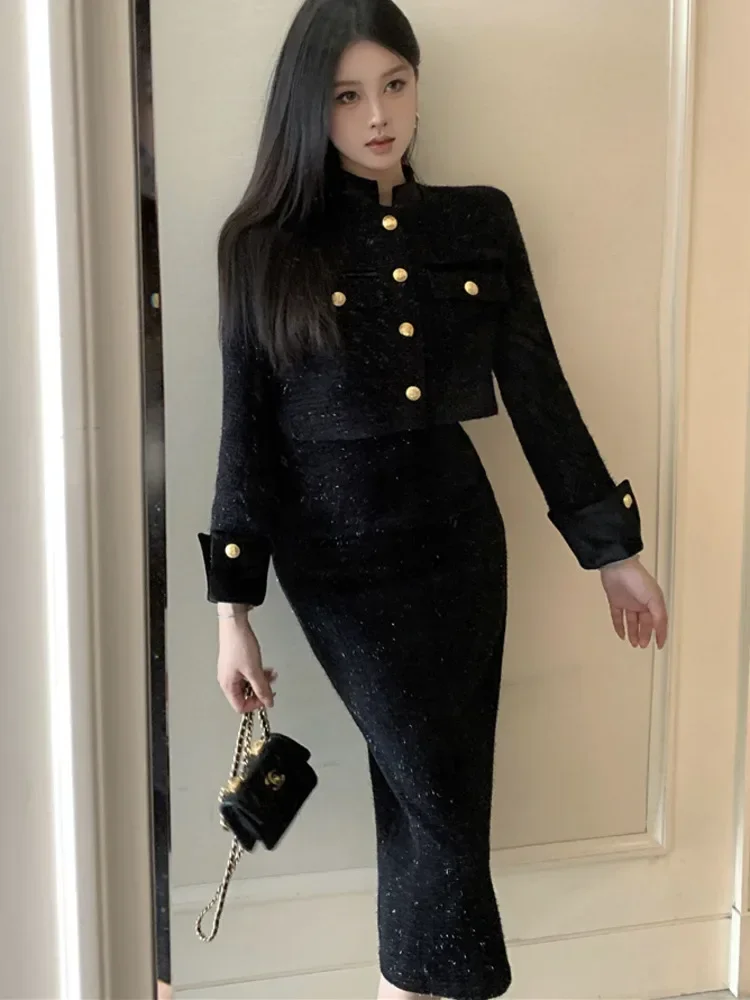 New French Luxury Eelgant Two Piece Set for Women Korean Fashion Long Sleeve Jacket Coat + Long Skirt Sets High Quality Suit