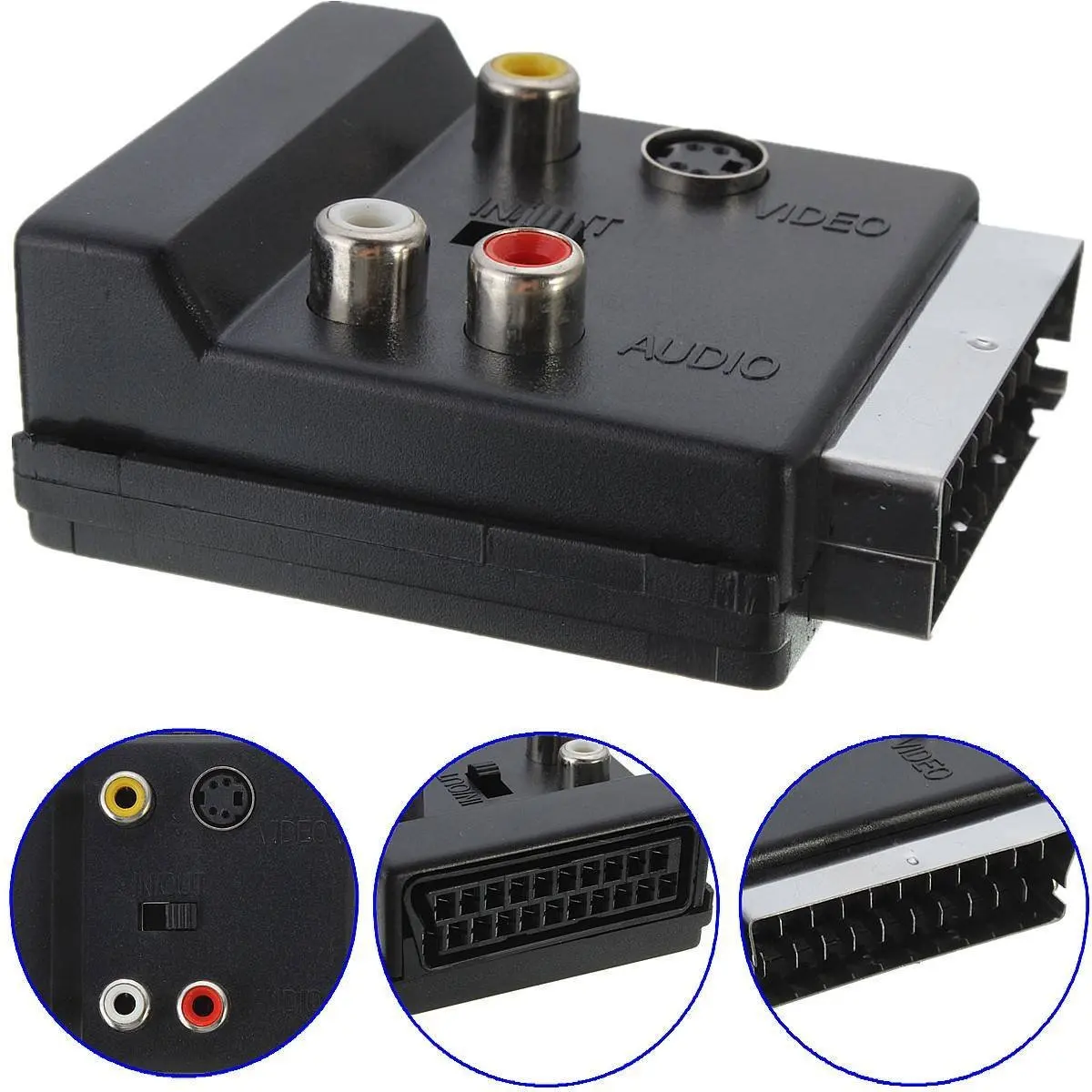 Switchable SCART 21pin Adapter Plug to Socket SCART Male to SCART Female with S-Video (SVHS) & 3 RCA - Composite Video