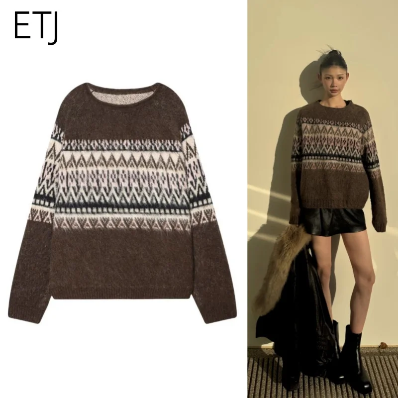 

ETJ 2025 женский новый элегантный нежный жаккардовый вязаный теплый свободный свитер с круглым вырезом и длинными рукавами с эффектом цвета
