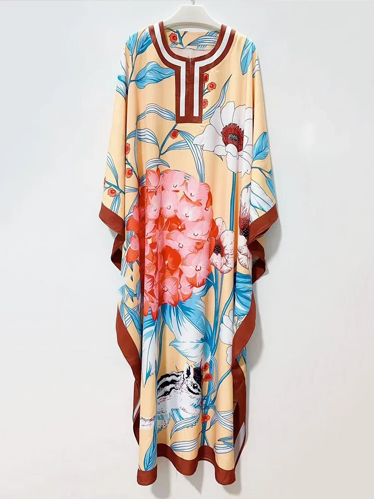 Designer's retro geometric print semi-open collar bat-sleeve pullover dress 2025 Autumn women's fashion loose puffy dress