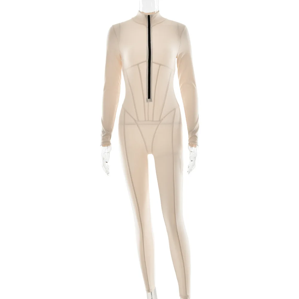 Sexy estilo cor sólida manga zíper base camada calças outono inverno novo em torno do pescoço longo apertado bodysuit para mulher