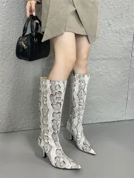 New Mixed Color Snake Patterned Side Zipper Knee High Boots Autumn Winter European American Fashion Pointed High-heel Long Boots