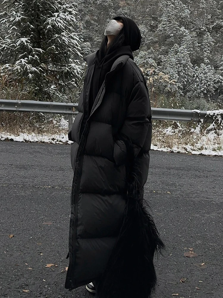 

Черная женская удлиненная пуховая куртка на флисовой подкладке, утепленная, до колен, свободного кроя, модная, Зима 2024, Новинка