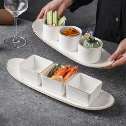 3pcs Fruit Salad Bowl White Ceramic Dessert Snack Bowl with Tray Gold Border Fruit Saucer Food Storage Decorative Tableware Home