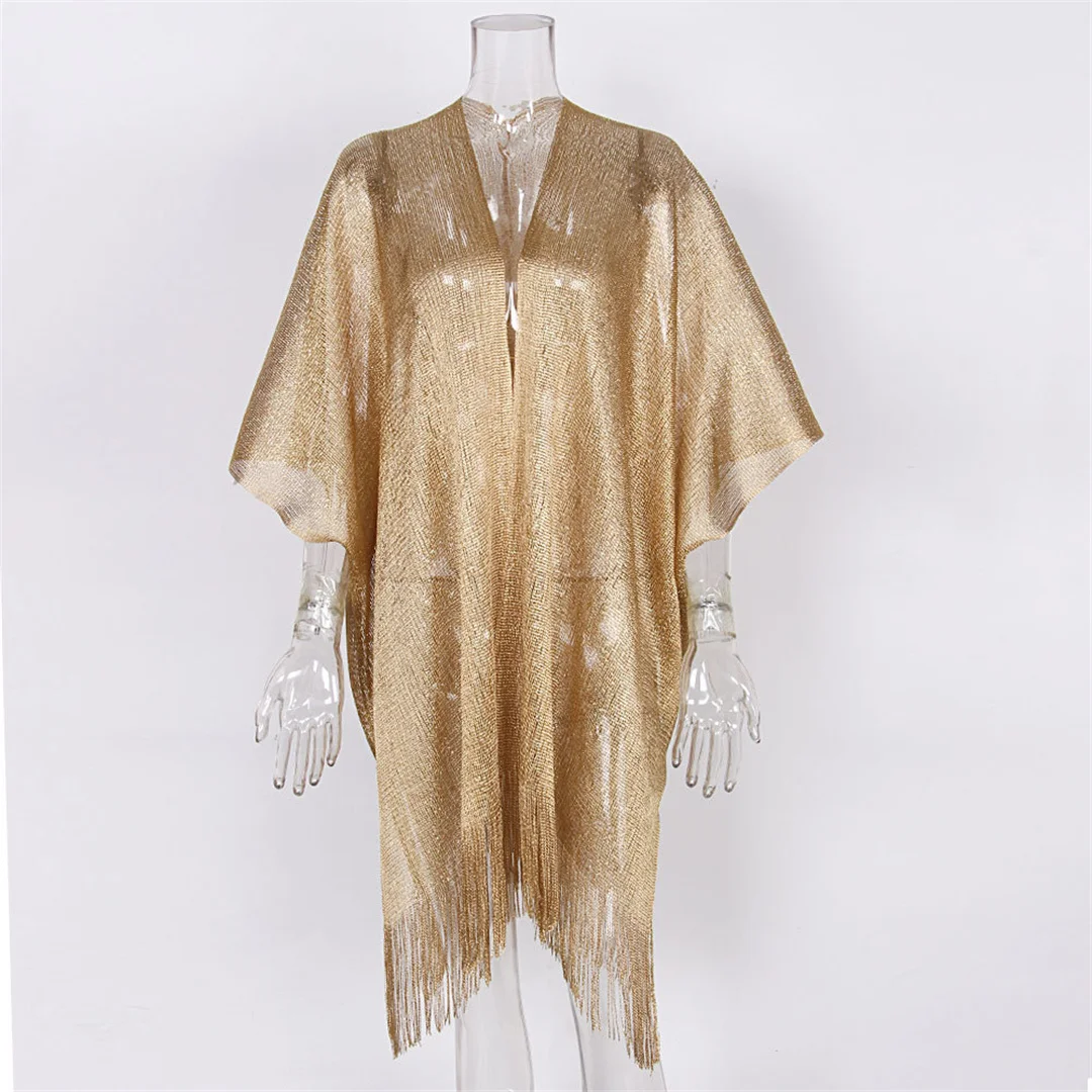 Sexy Fransen-Quasten-Netzstoff-Transparente Glänzende Strick-Tunika Strand-Überwurf Strandkleid Strandkleidung Damen V3321 – Detail 34