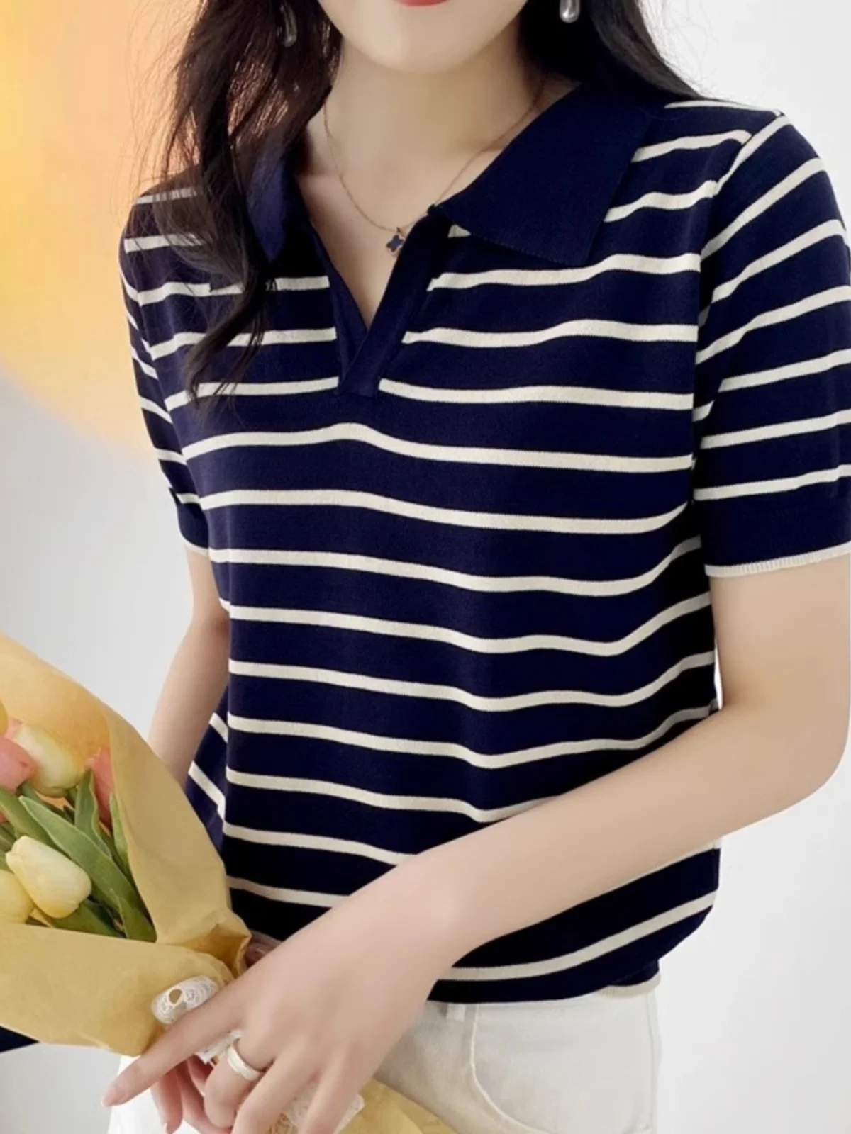 

Весенний корейский шерстяной полосатый вязаный свитер с коротким рукавом для женщин, тонкий, приталенный, для повседневной носки