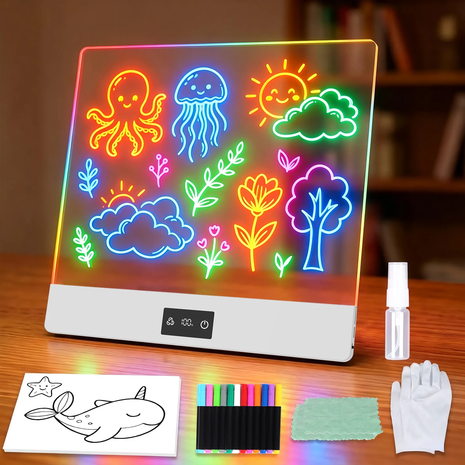

Светодиодная доска для рисования Doodle Glow: 11 цветов, 6 уровней яркости, неоновая доска для рисования с подставкой, 12 маркеров и 10 листов бумаги — подарок для детей