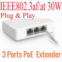 3 Ports PoE Power Supply Extender, 1 to 2 PoE extended ports, 10/100Mbps Indoor Ethernet PoE Switch Plug&Play IEEE802.3af/at 30W