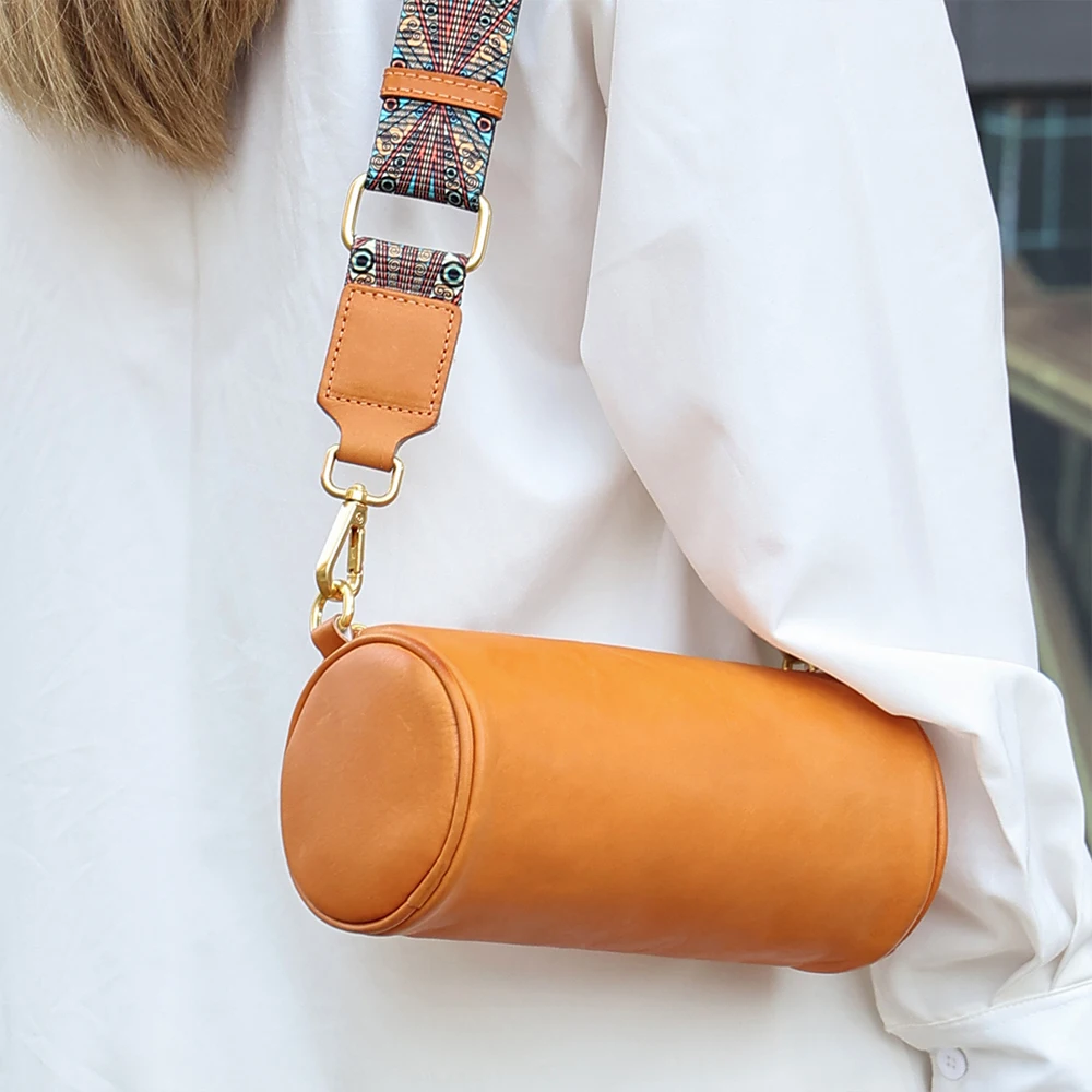 New Women's Genuine Leather Cylinder Bag Korean Style Crossbody Bag  Single Shoulder Bag Plant Tanned Leather Underarm Bag