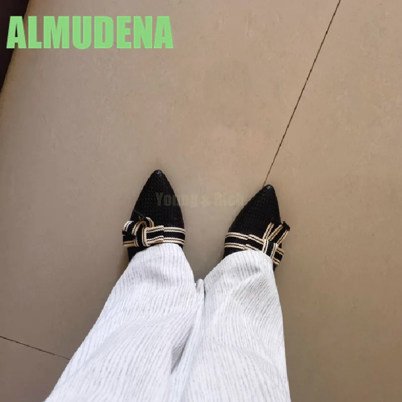 Bow Shaped Baotou Slippers for Summer Black Pointed Toe Fashionable Leather for Casual Wear One Foot On Muller Flat Shoes