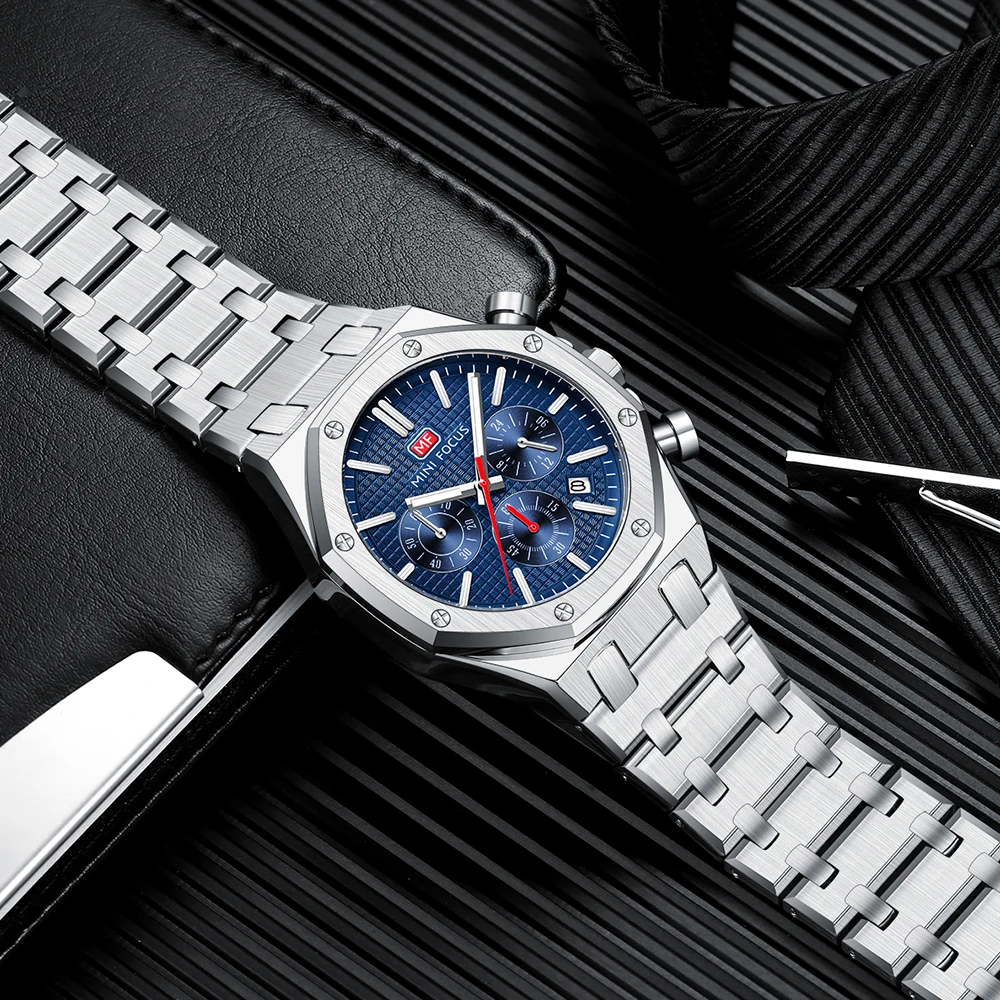 MINI FOCUS Fashion Sports Quartz Watch for Men Multifunctional Dial Calendar Stainless Steel Strap Waterproof Mens Watches 0609G