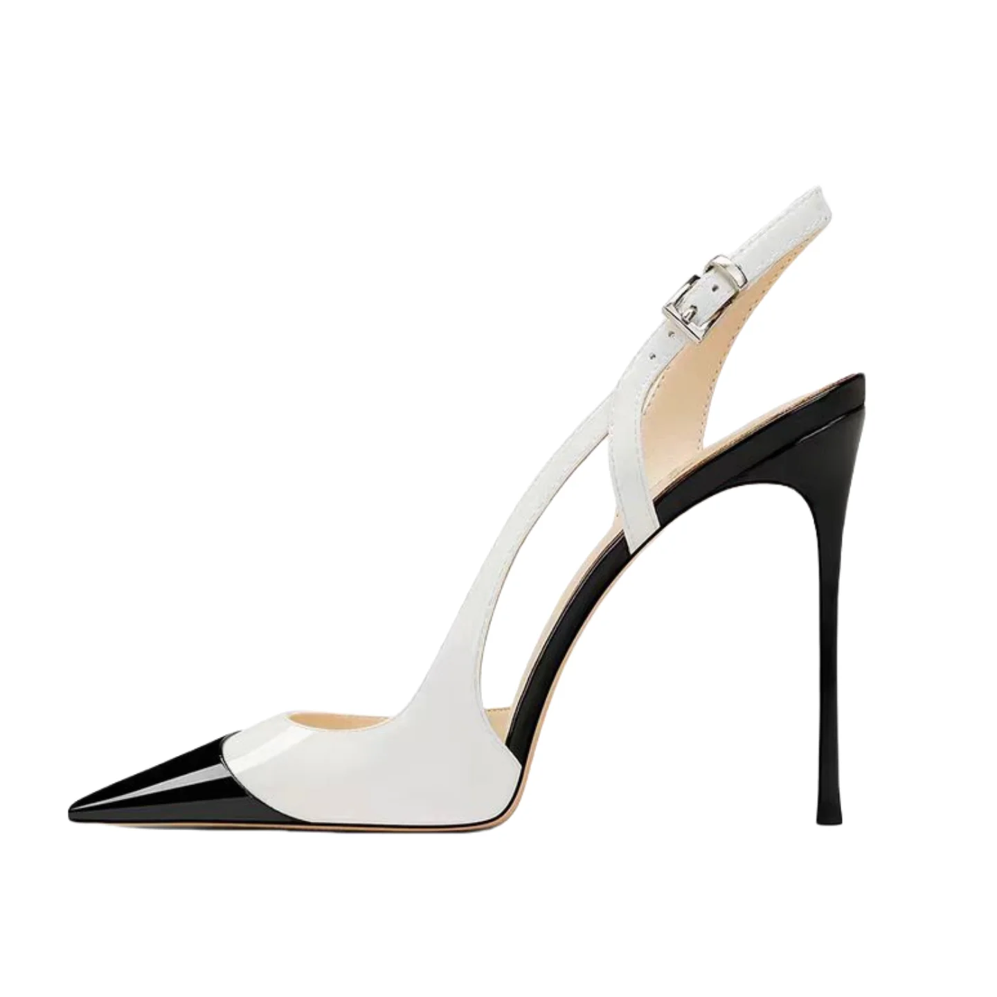 

Arden Furtado 2025 Summer Patent Leather Pointed toe Mixed Colors Super high heel Rear trip belt Buckle strap Closed toe sandals