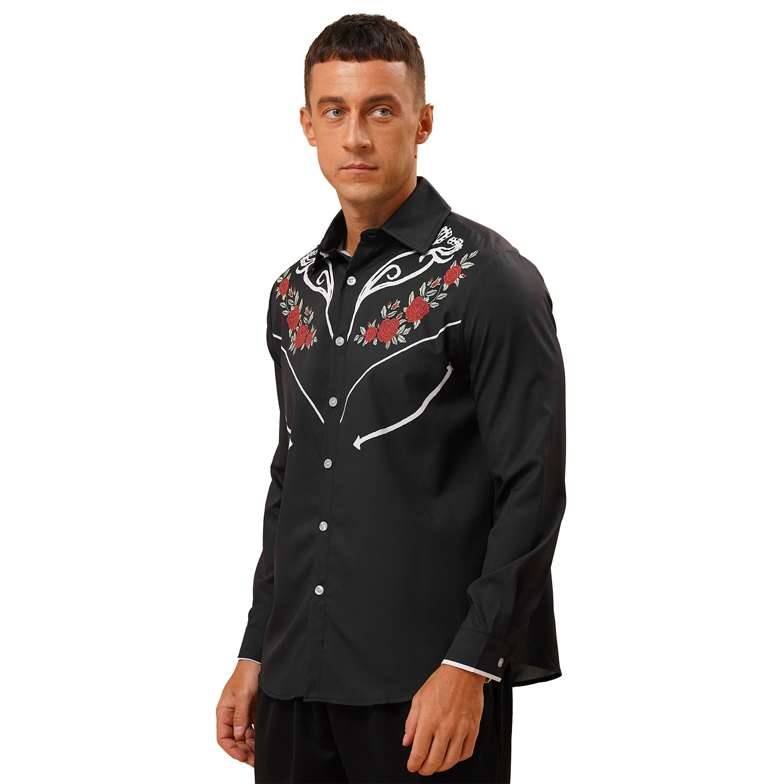 Mens Fashion Long Sleeve Shirt Fashion Contrast Color Floral Print Cowboy Casual Turn-Down Collar Button Shirts