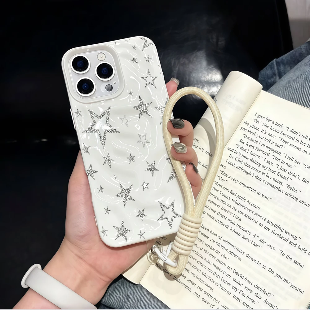 Luxuriöse Y2K-Sternmuster-Silikon-Handyhülle mit Faltenoptik für iPhone 17 15 13 11 12 14 16 17 Pro Max 15 Plus Air mit Lanyard-Abdeckung – Detail 2
