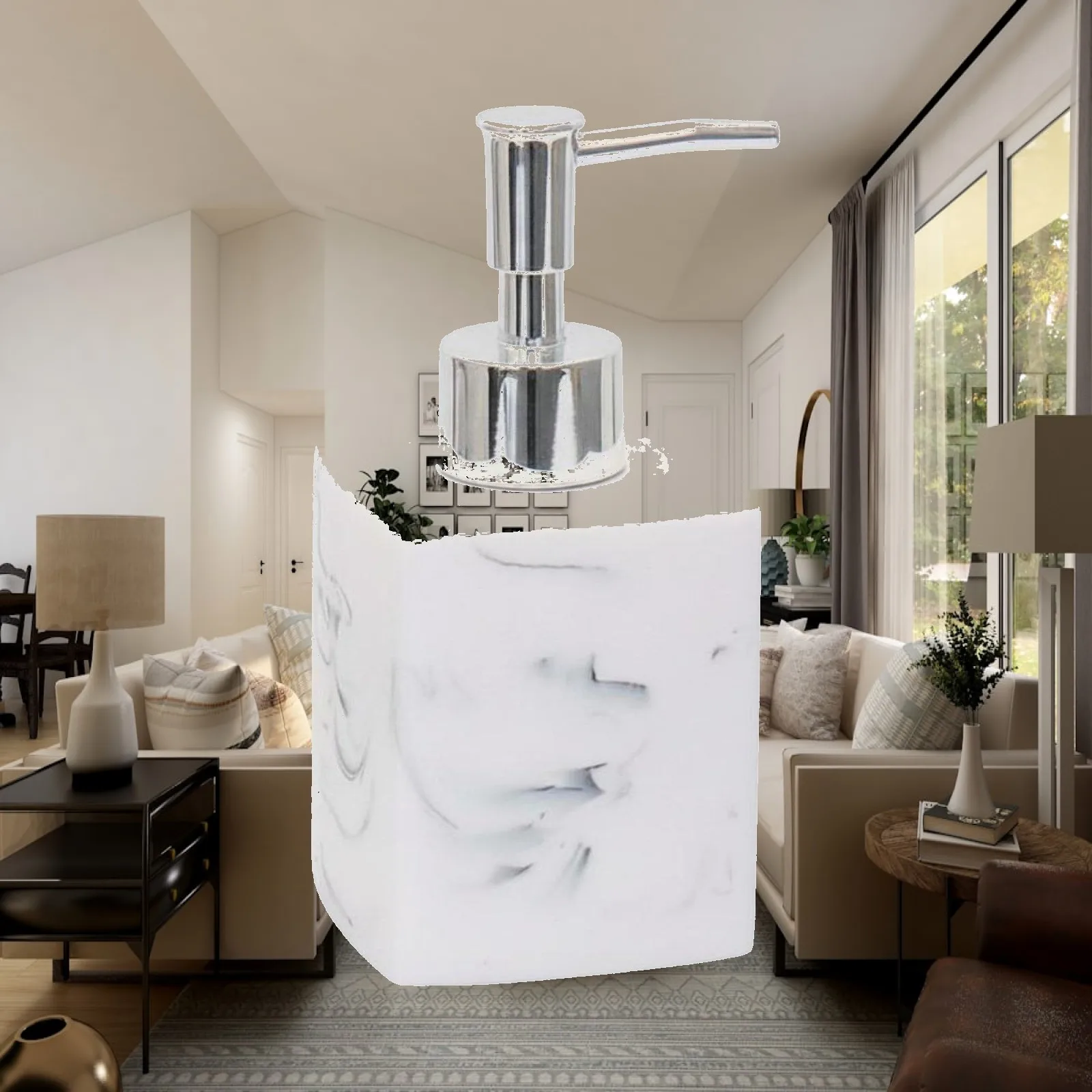 Square Marble Resin Lotion Dispenser for Bathroom Countertop Smooth Pump Action Hand Soap Holder