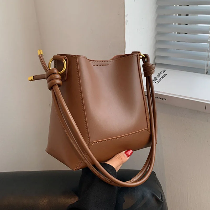 Knot‑Decor Bucket Bag Drawstring Metal‑Tip Detail Removable Shoulder‑Strap Women Crossbody Bag