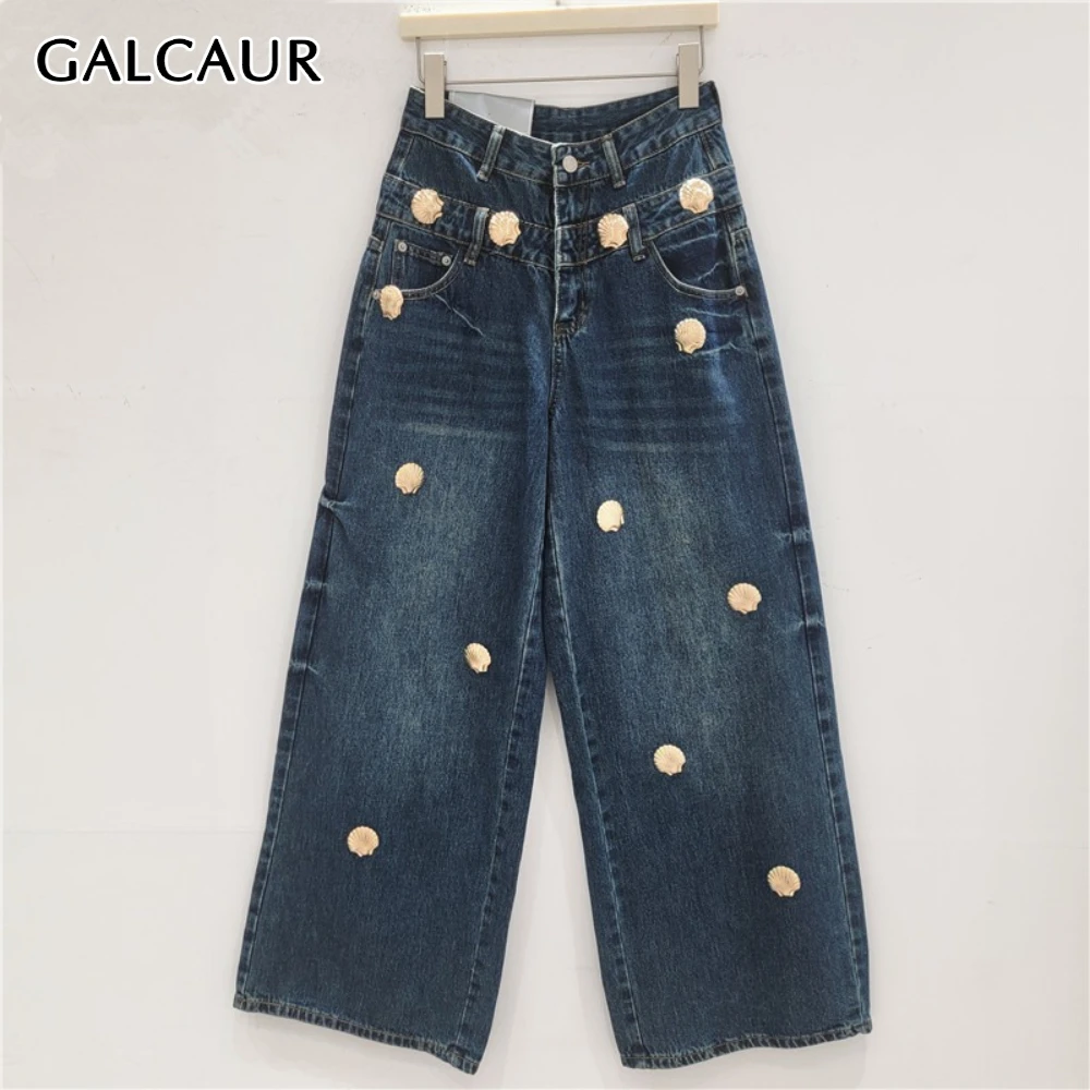 

Брюки женские GALCAUR синие с металлическим декором, с высокой талией, свободные, базовые, для офиса, широкие штанины, осенняя мода, новинка