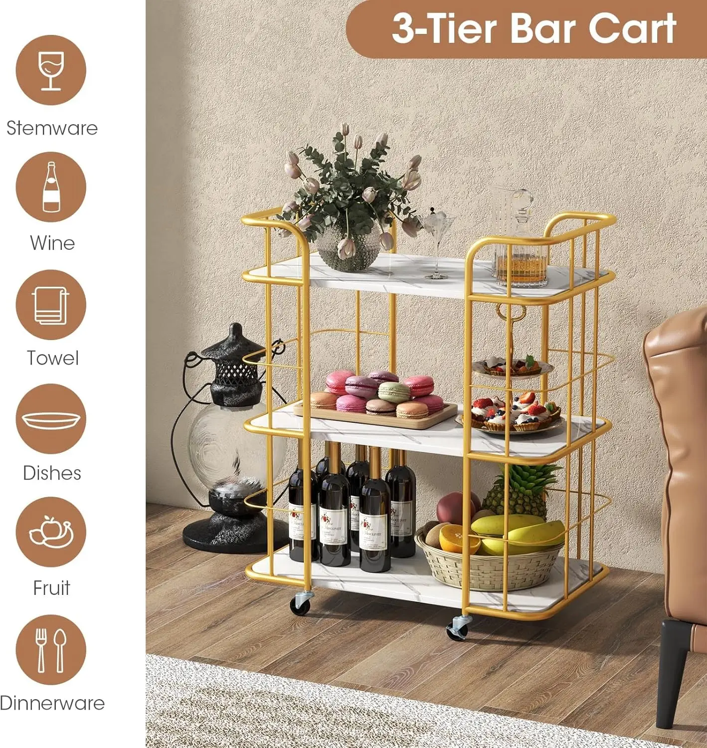 Gold Bar Cart, Home Island Service Cart, 3 Tier Storage Shelves with Guardrail, Imitation Marble Top, Kitchen Utility Trolley on