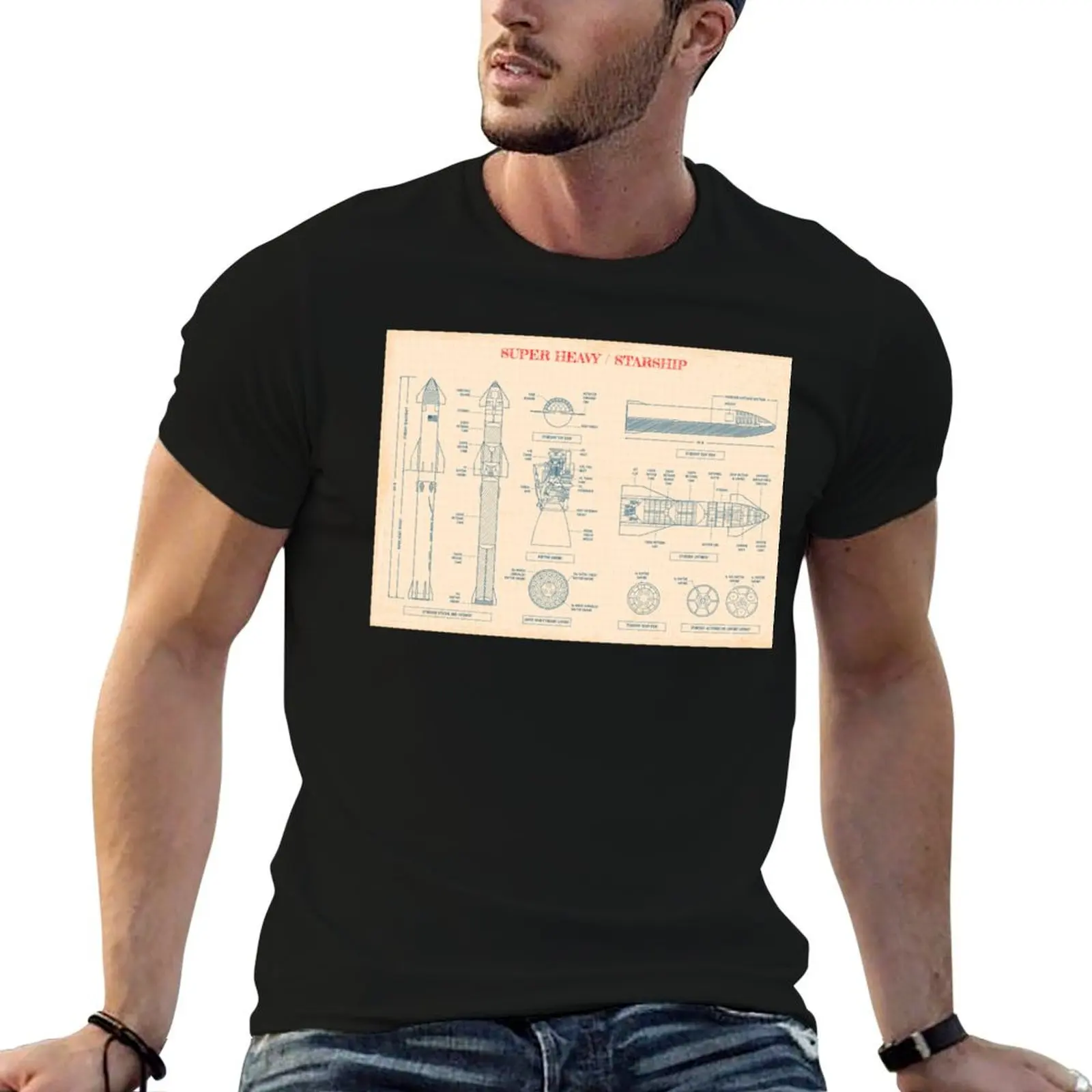 

for 100% Super cotton shirts (Old Heavy man printed / Paper SPACEX: tshirt Starship Grid) T-Shirt t