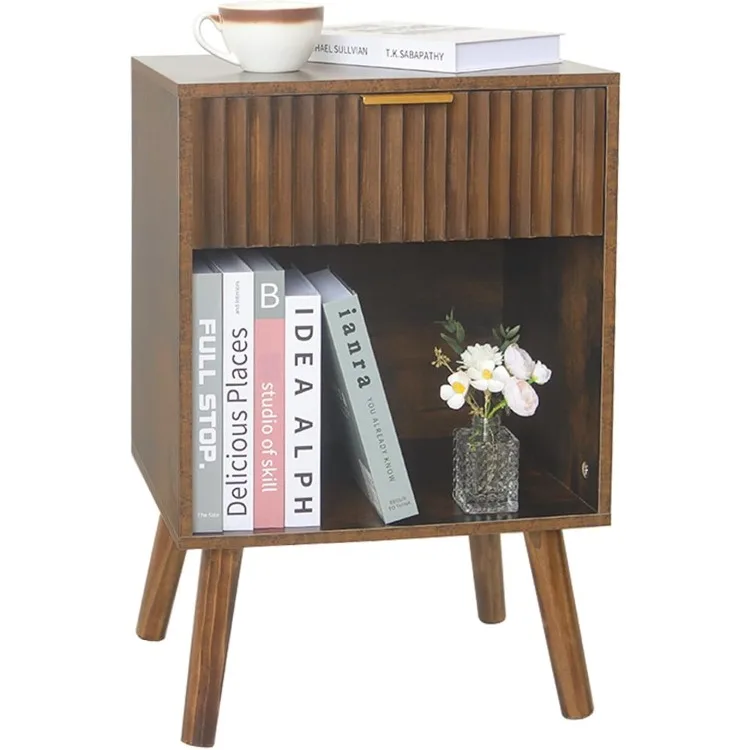 

Mid Century Modern Nightstand, Wood Bedside Table with Drawer and Opening Storage, End Table Living Room Fluted Night Stand with