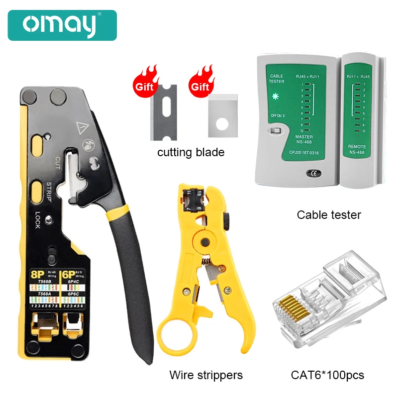 RJ45 passagem versátil através do cortador do frisador, conector modular, ethernet, ferramenta tudo-em-um do fio, 6P, 8P, 8C