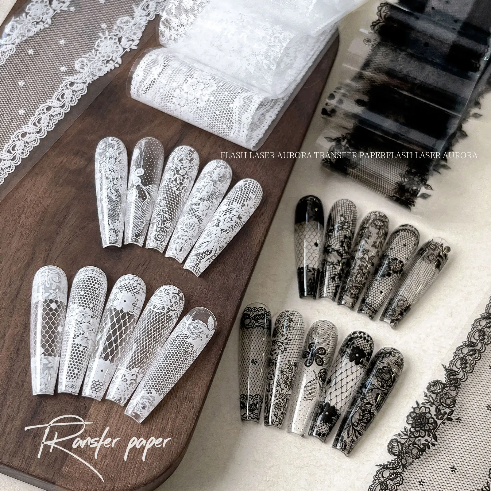 1 Stück 100cm Schwarz-Weiße Nagelfolien für Blumen-Spitzen-Transferpapier Florale Aufkleber Blumen-Nagel-Wraps Hübsche Nagelkunst-Dekorationen