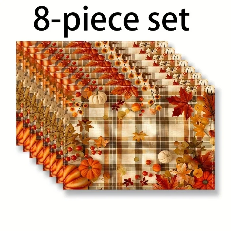 Plaid Fall Pumpkin Placemats, Maple Leaf Berry Printed Linen Table Mats, Harvest Dining Table Decor