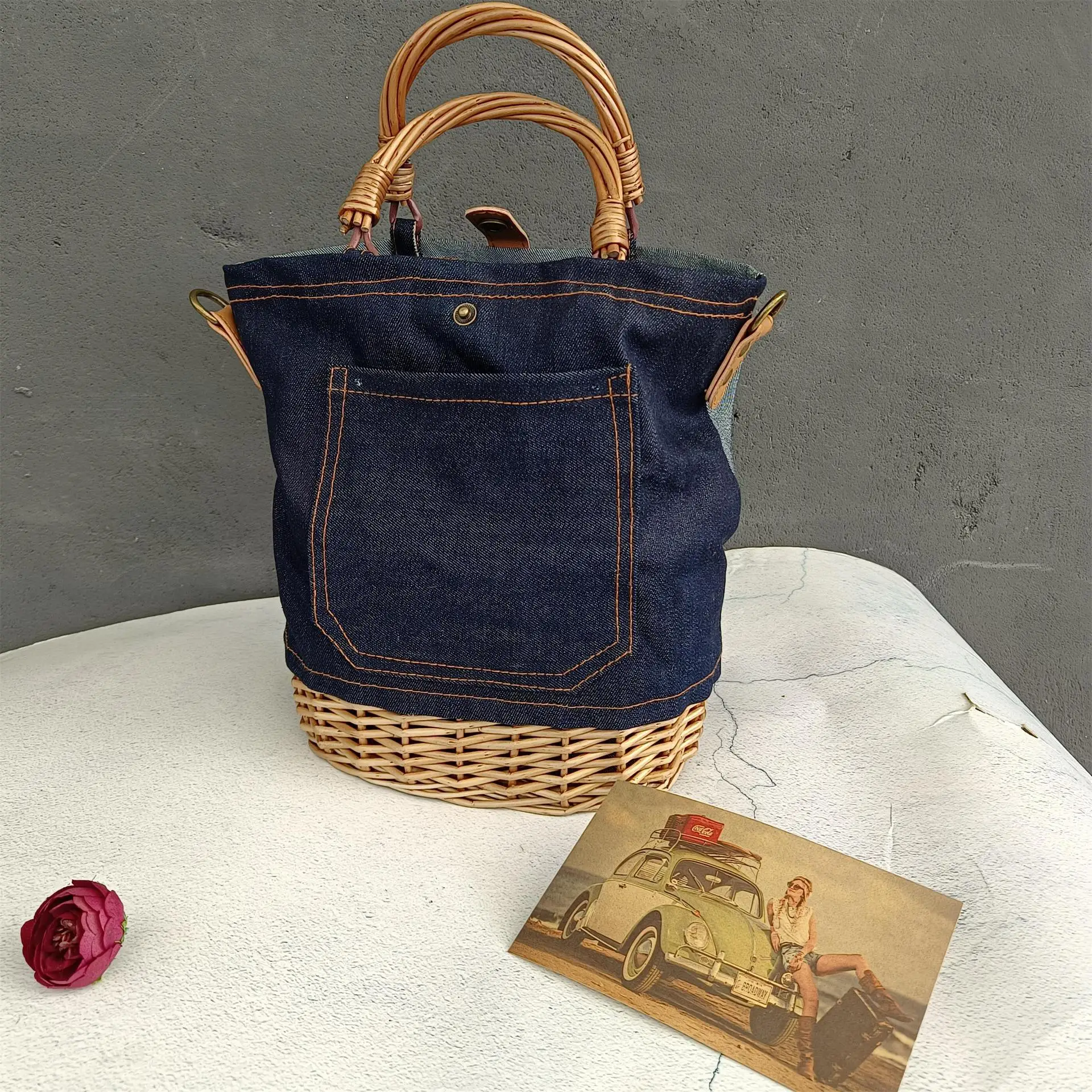 Denim Patchwork Handbag para Mulheres, Wicker Woven Basket Bag, Bohemian Knitting Rattan Beach Bags, Canvas Shoulder Bag, Travel Clutch