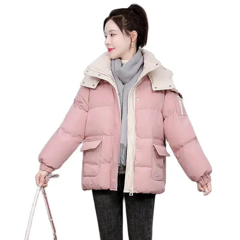 2025 Women Autumn Winter Thicken Warm Parka Female Casual Solid Color Big Pocket Loose Hooded Down Cotton Short Ackets Outwear