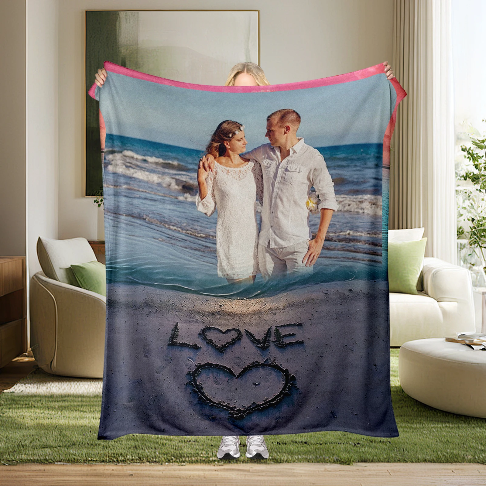 Wave Love Couple Happy Coperta personalizzata Incorniciatura Coppia Sorriso Regalo di San Valentino Regalo del Memorial Day Divano Spiaggia Disponibile