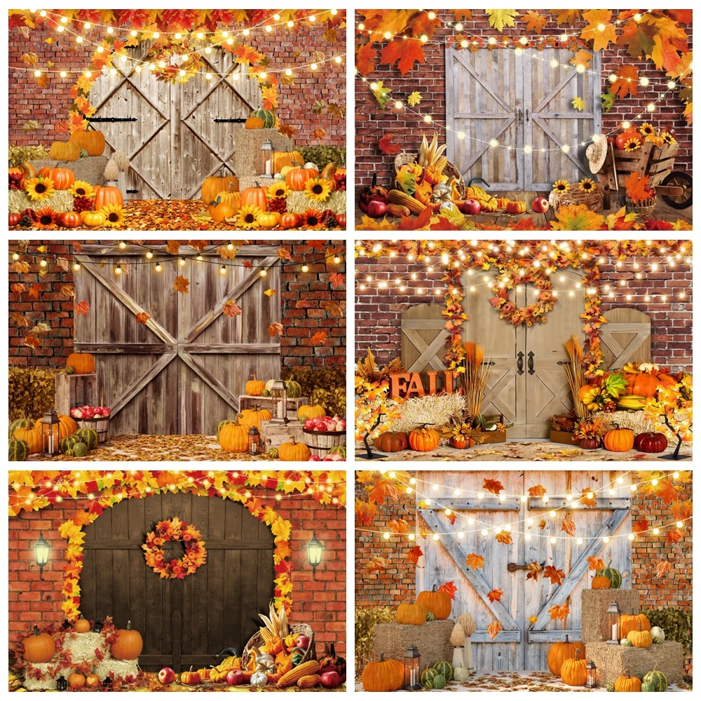 

Autumn Photography Backdrop Fall Maple Leaves Farm Barn Haystack Pumpkin Brick Wall Thanksgiving Baby Portrait Photo Background