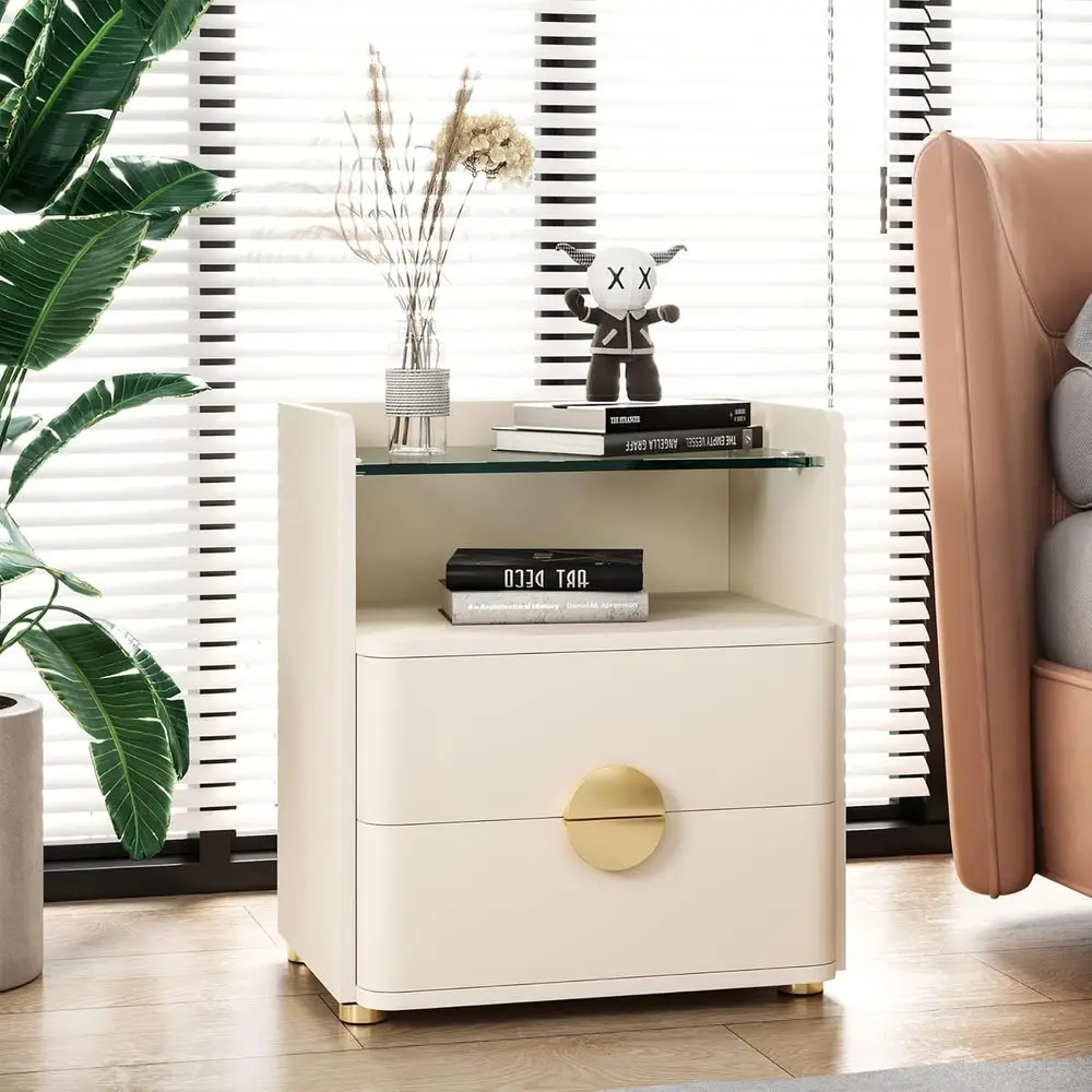 

Contemporary 2-Drawer Nightstand with Open Shelf, Wooden Bedroom Side Table, Tempered Glass End Table with Gold Metal Legs, Easy