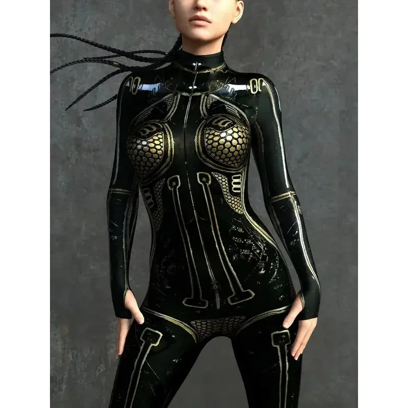 بدلة Catsuit الميكانيكية CyberPunk بدلة نسائية بسحاب Zentai ثلاثية الأبعاد بدلة الهالوين أزياء حفلات الألعاب النسائية التأثيرية