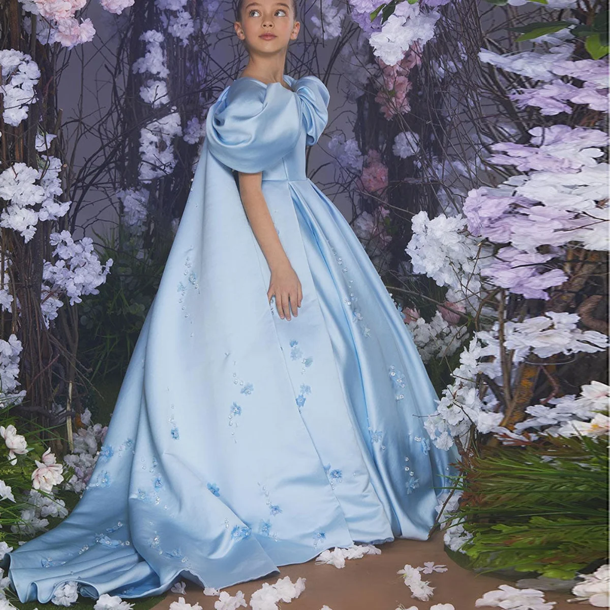 Luxury Blue Satin Kids Ball Gown Flower Girl Dress Cape 3D Flowers Cape Trailing Princess Dress For Party Wedding Birthday Party