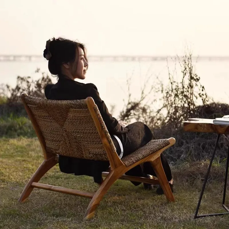 Rattan recliner, single sofa chair, hotel homestay leisure chair, home balcony, wabi-sabi wind chair, solid wood