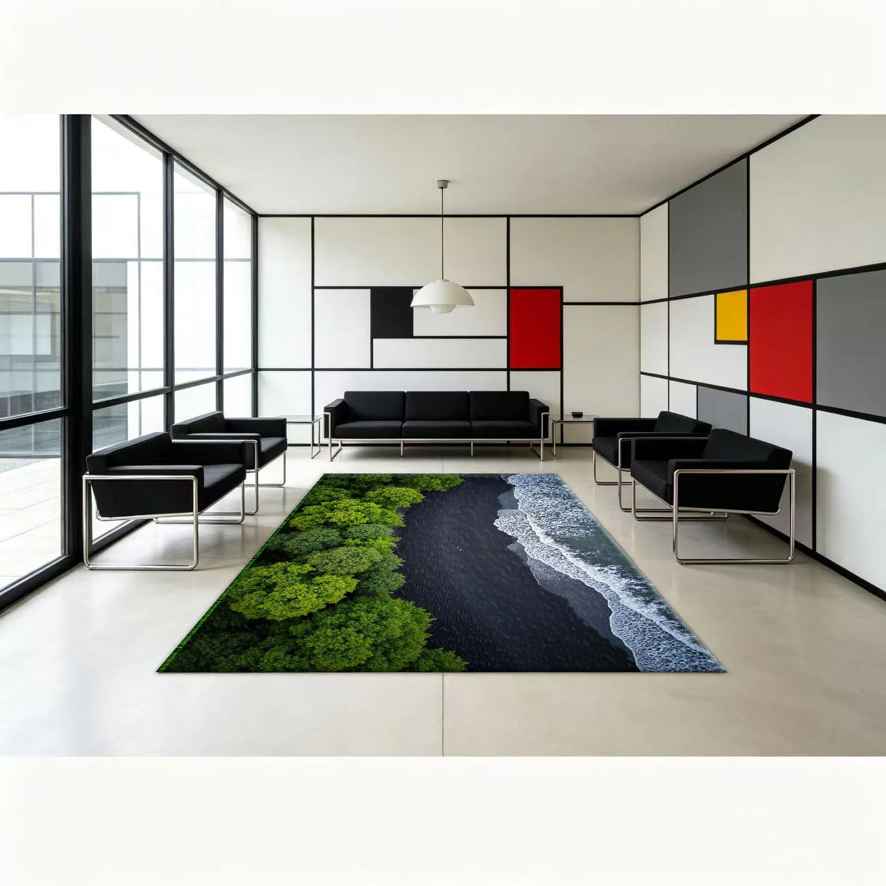 Aerial View of Black Beach Forest Scenery Carpet Floor Natural Landscape Non-Slip Floor Mat for Home Use