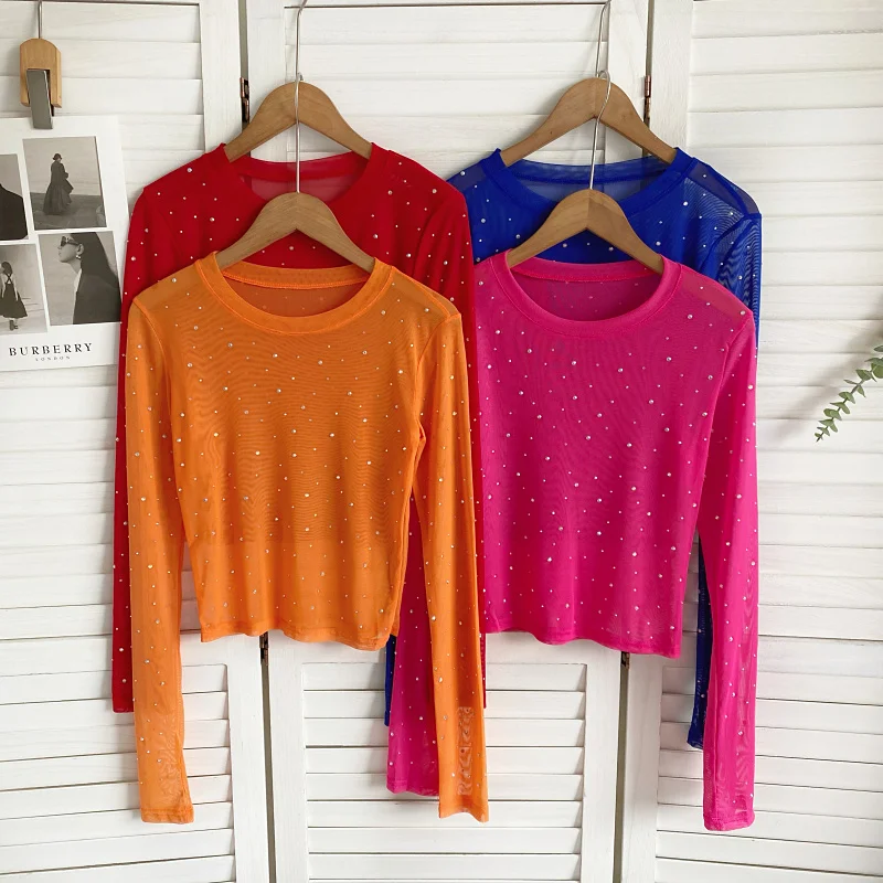 Sexy Long Sleeve T-Shirt Women's Mesh Inner Wear Nightclub Style Drill Decoration Spring Summer New Arrival Elegant Design
