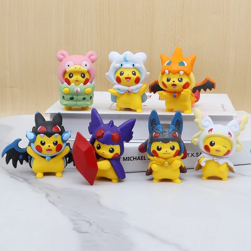 7 unids/set Pokemon Cosplay figura conjunto Pikachu en disfraz, Kawaii acción PVC modelo colección regalo para Fans