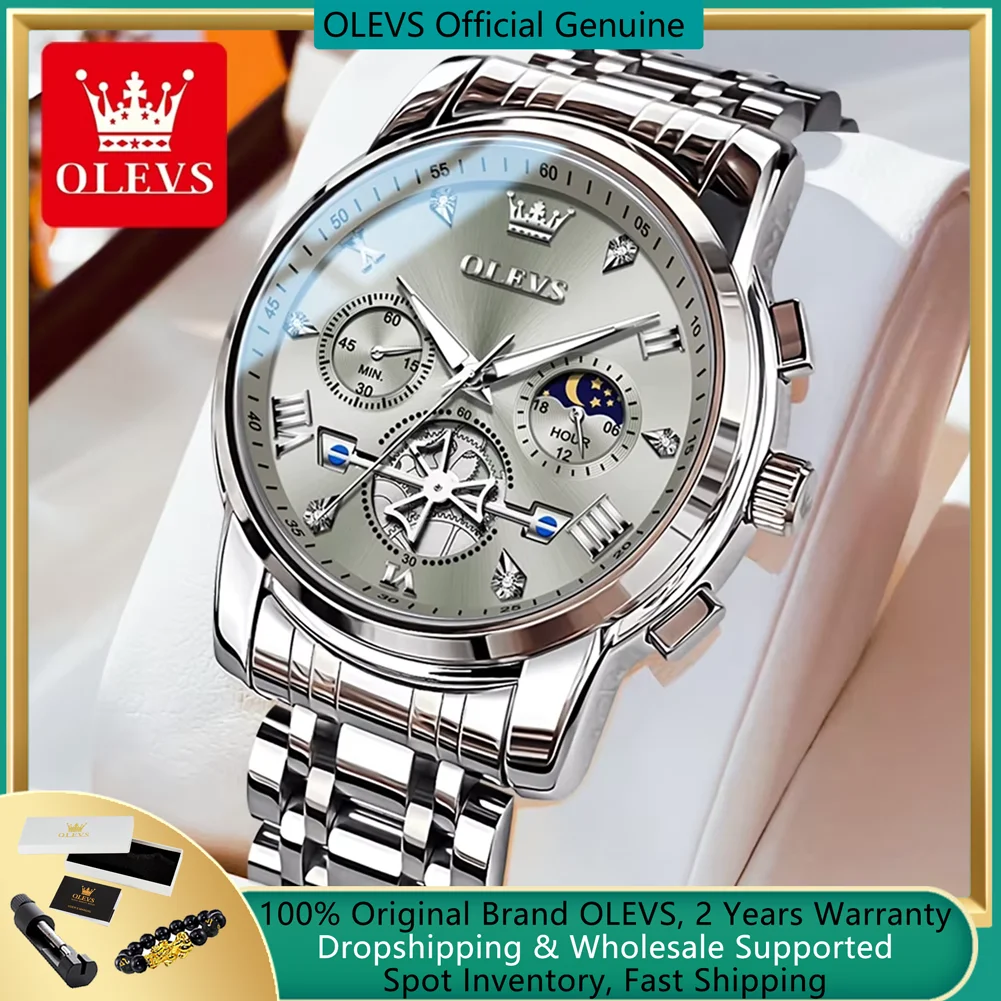 OLEVS Stainless Steel Men's Watches Chronograph Moon Phase Waterproof Luminous Quartz Wrist Watch for Men Luxury Brand Man Watch