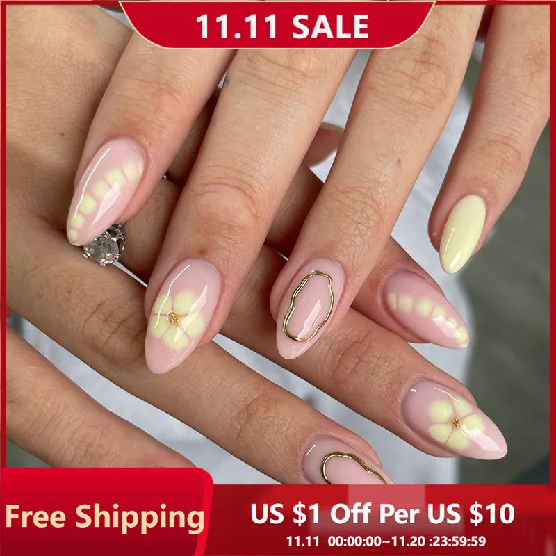 

24 шт., накладные ногти с цветком миндаля и золотой нитью, полное покрытие, типсы для ногтей для женщин и девочек, короткие съемные носимые накладные ногти