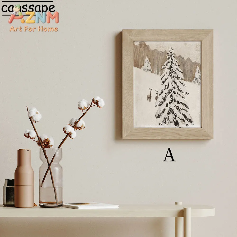 Christmas Trees Wall Art Vintage Winter Landscape Canvas Painting Moose sledges Print Poster Pictures Living Room Decoration