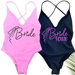 Veil Padded One Piece Swimsuit BRIDE SQUAD Letter Print Swimwear Women Bikini Bathing Suit Summer Bodysuit Backless monokini
