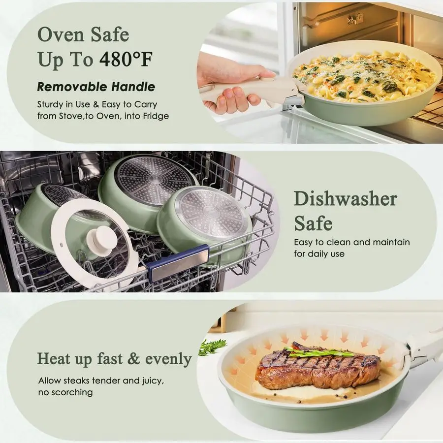 Ensemble de casseroles et poêles antiadhésives, batterie de cuisine en céramique, poignée amovible, batterie de cuisine à Induction avec poignée amovible, santé