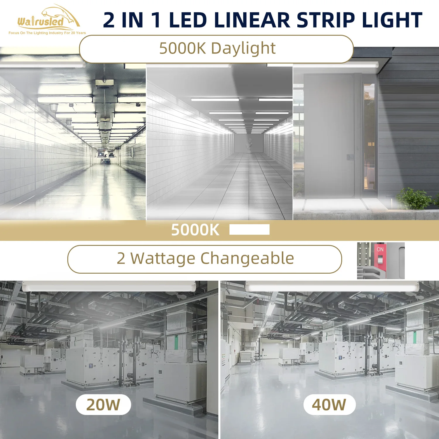 4 Foot LED Linear Strip Ceiling Emergency Light w/Battery Backup, 5000lm 40W 0-10V Dimmable 5000K Shop Ceiling Light Fixture ETL