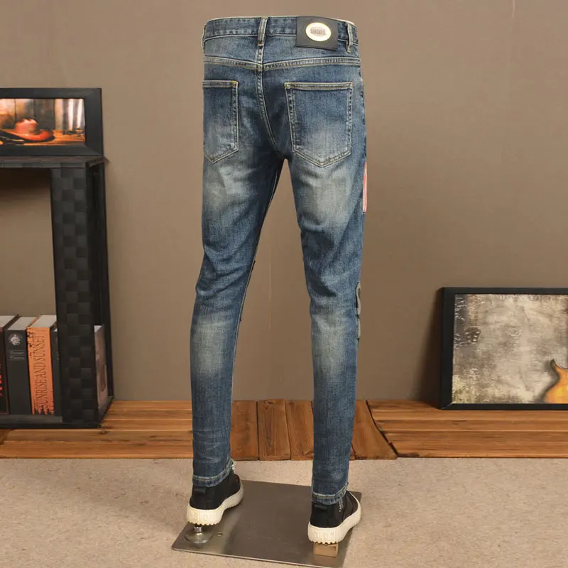 High Street Fashion Men Jeans Retro Blue Elastic Stretch Slim Fit Ripped Jeans Men Patched Designer Hip Hop Denim Pants Hombre