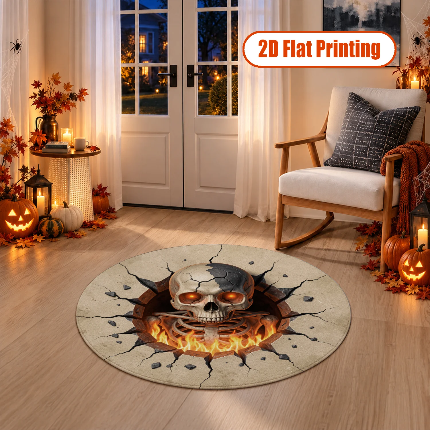 3D Skull Fire Cracked Design Round Velvet Rug Machine Washable Living Room Bedroom Entryway Halloween Thanksgiving Black Friday Christmas New Year