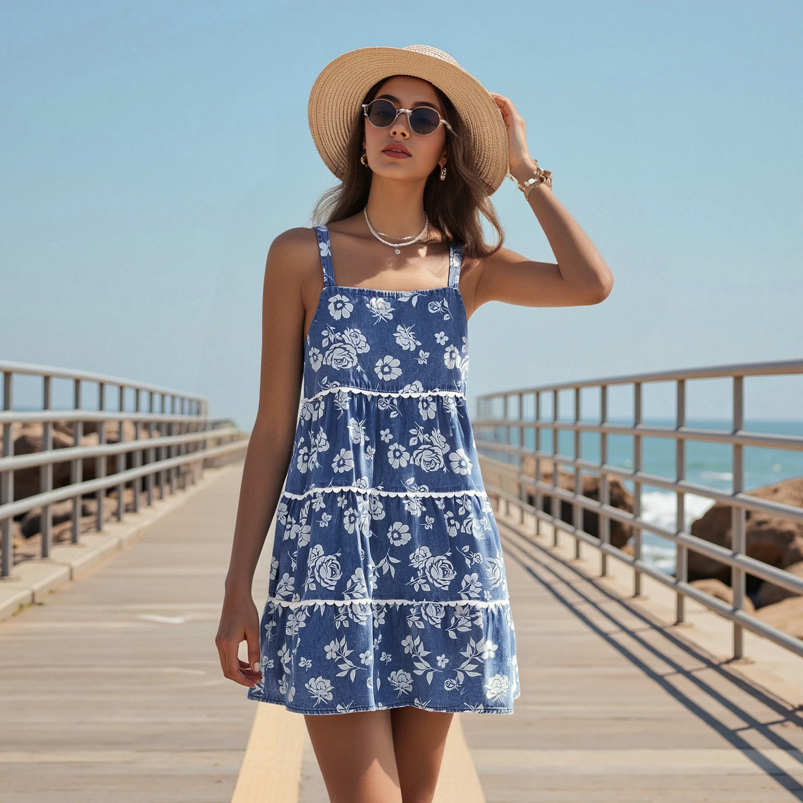 Women s Summer Denim Cami Dress Floral Print Sleeveless Square Neck Backless Mini A Line Dress
