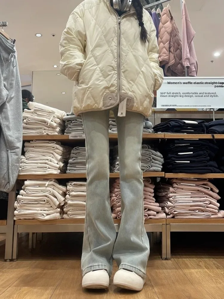 Retro fce forrado micro queimado jeans feminino cintura alta perna larga bootcut calças outono inverno plus size emagrecimento