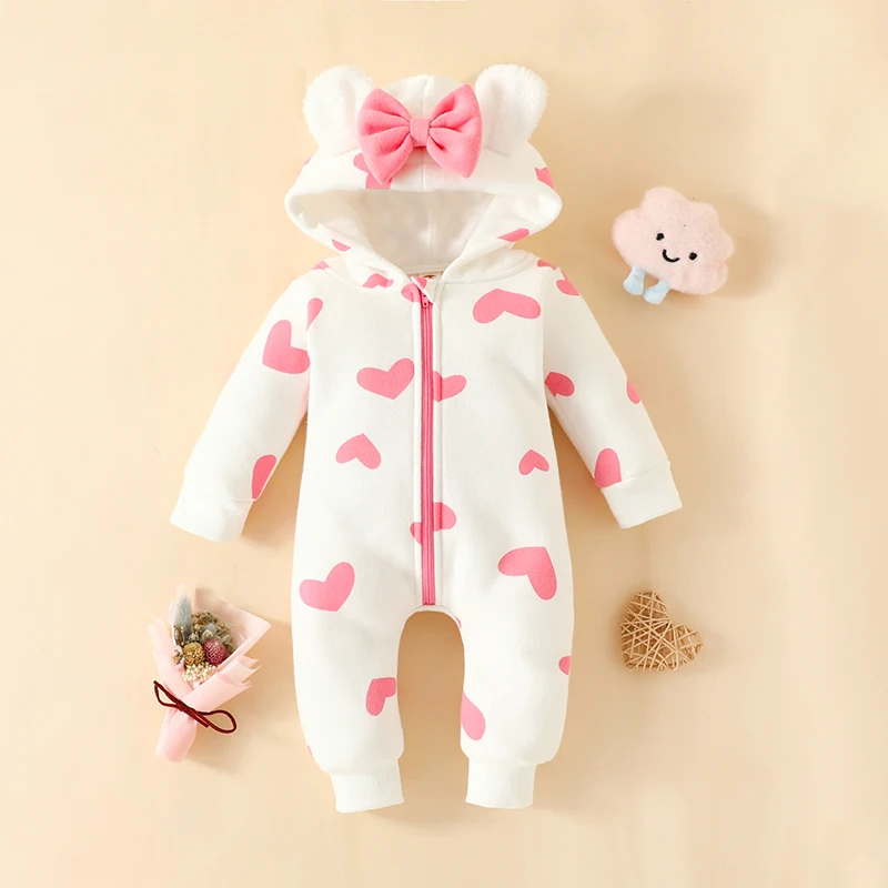 Baby Jumpsuit Newborn Infant Boys Girl Soft Warm Long Sleeve Hooded Heart/Cow Pattern Bow Zipped Romper Casual Winter Clothes